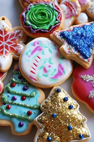 Close-up of vibrant, decorated Christmas cookie ornament recipe designs, including snowflake, tree, and rosette shapes.
