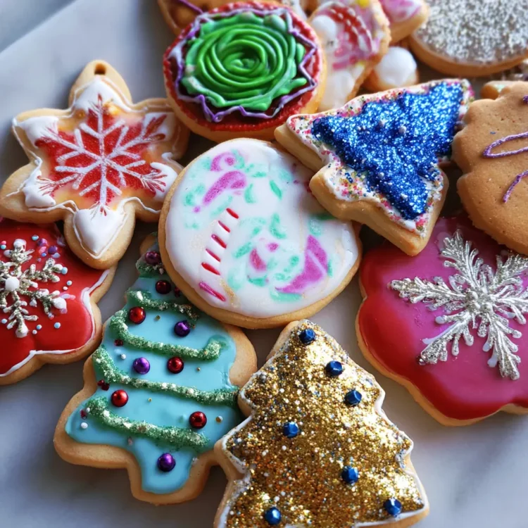 Close-up of vibrant, decorated Christmas cookie ornament recipe designs, including snowflake, tree, and rosette shapes.