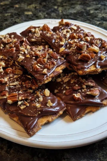 Delicious homemade chocolate-covered cracker candy, a perfect christmas crackers chocolate recipe, piled high on a white ceramic plate.