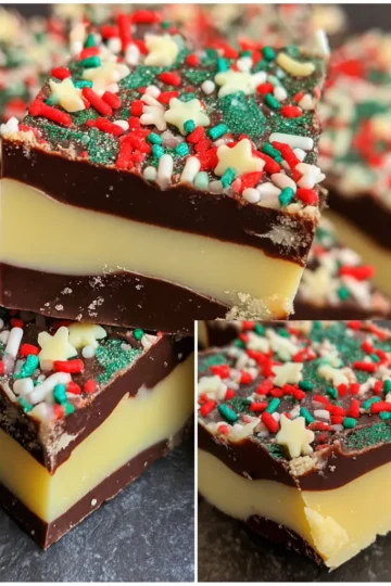 Delicious layered Christmas fudge bars decorated with festive red, green, and star-shaped sprinkles, showcasing a wonderful Christmas fudge recipe.