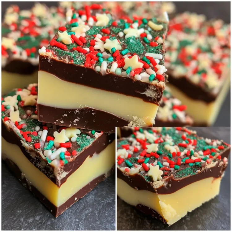 Delicious layered Christmas fudge bars decorated with festive red, green, and star-shaped sprinkles, showcasing a wonderful Christmas fudge recipe.