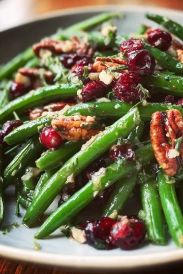 Vibrant close-up of a Christmas green beans recipe featuring cranberries and pecans on a light plate.