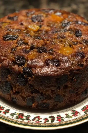 Rich, glossy Christmas fruitcake on a festive holly plate, made from a beloved christmas cake recipe.