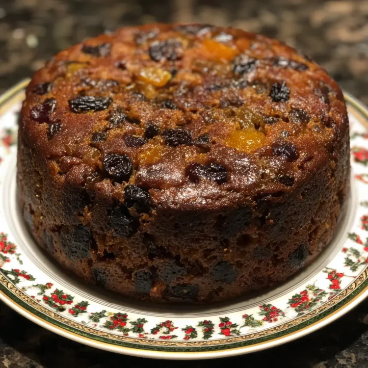 Rich, glossy Christmas fruitcake on a festive holly plate, made from a beloved christmas cake recipe.