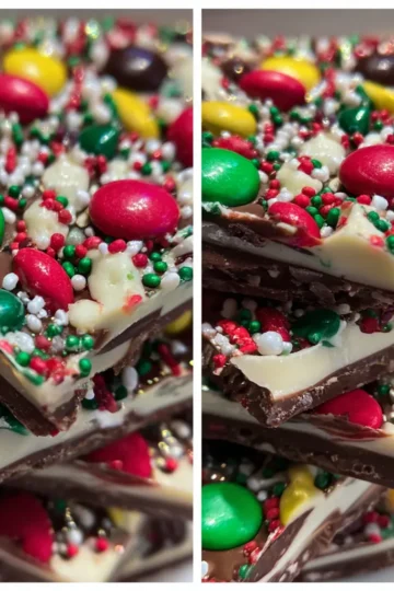 Close-up of vibrant, layered chocolate bark with red and green candies, a delightful christmas candy recipe.