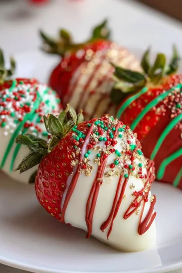 Festive white and dark chocolate-covered strawberries with red, green, and gold sprinkles, perfect for a Christmas chocolate covered strawberries recipe.