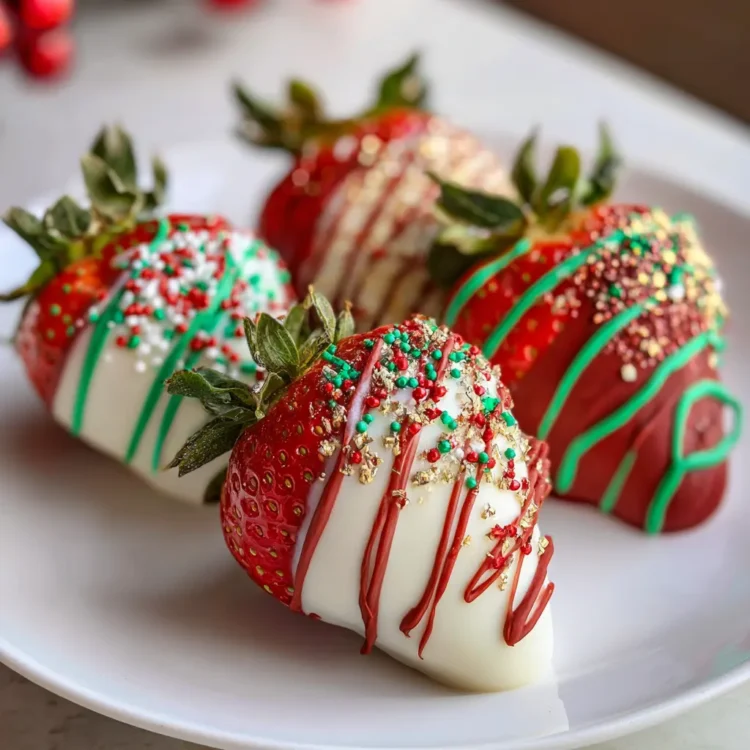 Festive white and dark chocolate-covered strawberries with red, green, and gold sprinkles, perfect for a Christmas chocolate covered strawberries recipe.