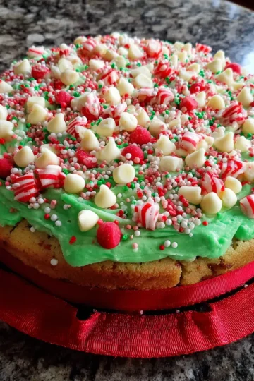 Festive green-frosted Christmas cookie cake recipe topped with white chocolate chips, candy canes, and red, white, and green sprinkles.