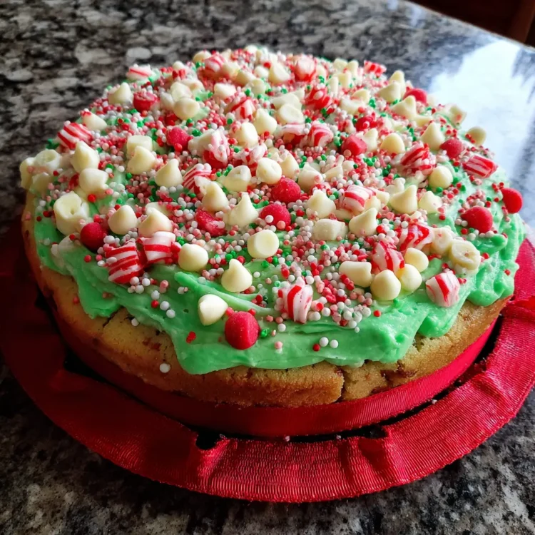 Festive green-frosted Christmas cookie cake recipe topped with white chocolate chips, candy canes, and red, white, and green sprinkles.