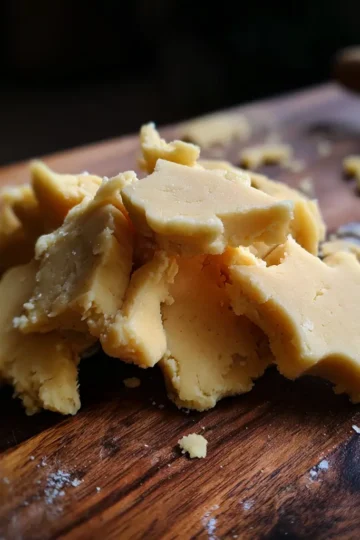 Close-up of star-shaped raw dough pieces on a rustic wooden board, perfect for a festive christmas cookie dough recipe.