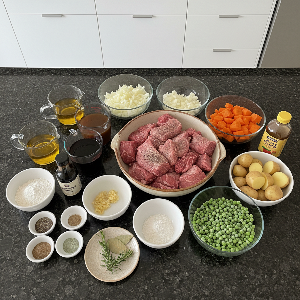 crockpot-beef-stew-ingredients Fresh ingredients for making crockpot beef stew laid out on a wooden board.