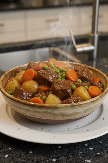 A hearty bowl of crockpot beef stew with tender meat and vegetables, garnished with fresh parsley.