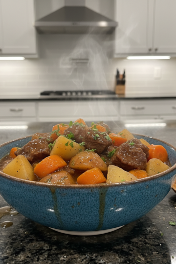 A hearty dutch oven beef stew, rich and steaming, garnished with fresh parsley in a rustic bowl.