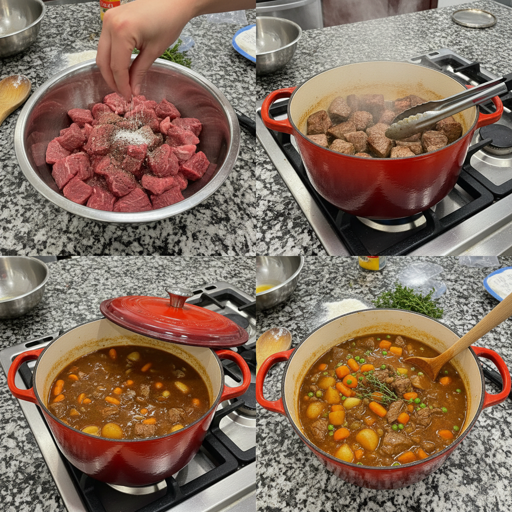 dutch-oven-beef-stew-prep-browning A Dutch oven on the stove, browning beef chunks as part of the initial prep for a beef stew recipe.