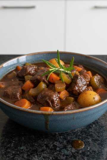 A hearty bowl of guinness beef stew with tender beef, root vegetables, and a rich gravy, ready to be served.