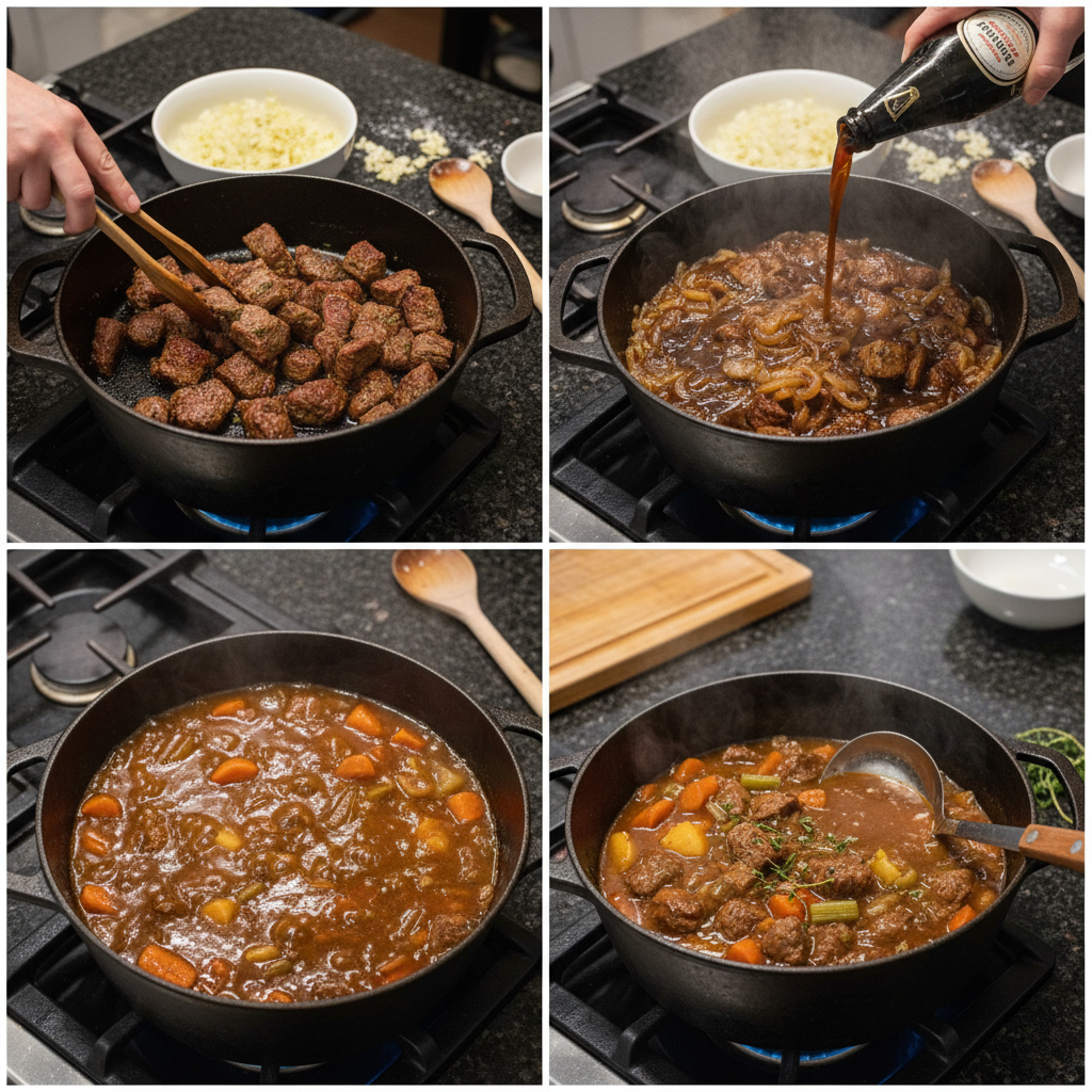 Preparation steps for guinness beef stew