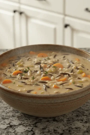 A close-up of a steaming, creamy wild rice soup recipe in a rustic ceramic bowl, garnished with fresh herbs, on a granite countertop.