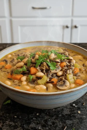 Close-up of a steaming bowl of hearty wild rice soup recipe, garnished with fresh herbs on a dark kitchen countertop.