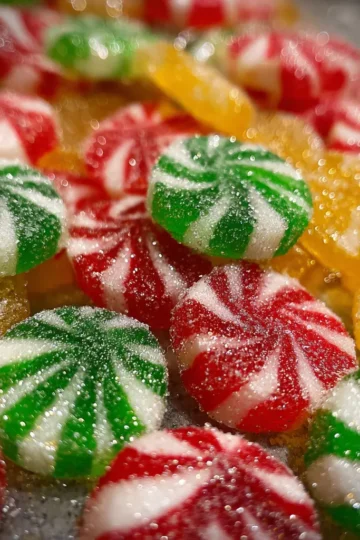 Close-up of sparkling red and white swirled candies, ideal for a homemade christmas peppermint candy recipe.