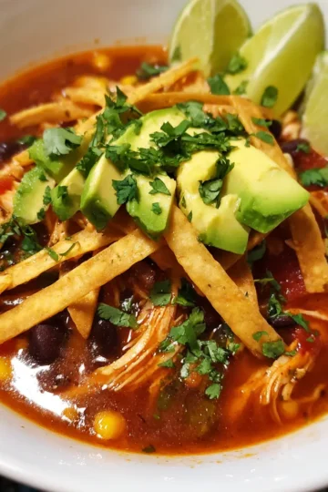 A vibrant bowl of chicken tortilla soup recipe, garnished with avocado, crispy tortilla strips, cilantro, and lime wedges.