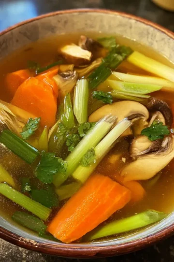 Vibrant bowl of clear vegetable and mushroom soup, highlighting a delicious clear soup recipe.