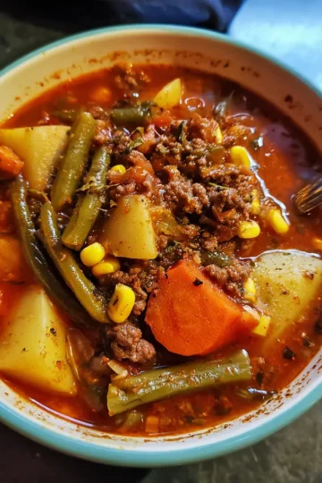 Hearty homemade cowboy soup recipe in a rustic bowl with ground meat, potatoes, and vegetables, ready to eat.