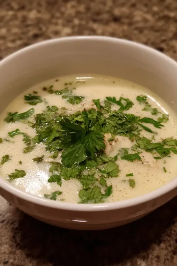 Close-up of a creamy white bowl of cream of chicken soup recipe garnished with fresh parsley on a granite countertop.