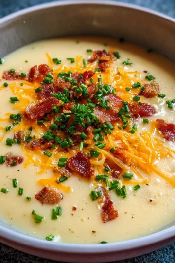 A comforting bowl of creamy potato soup from a delicious creamy potato soup recipe, generously garnished with fresh chives, melted cheddar cheese, and crispy bacon bits.