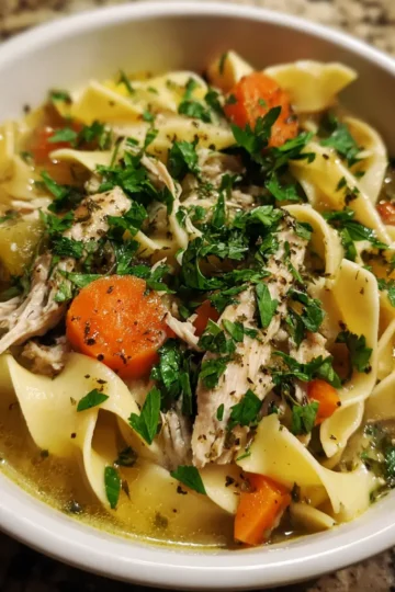 A comforting bowl of homemade crock pot chicken soup recipe, featuring noodles, tender chicken, and fresh herbs.