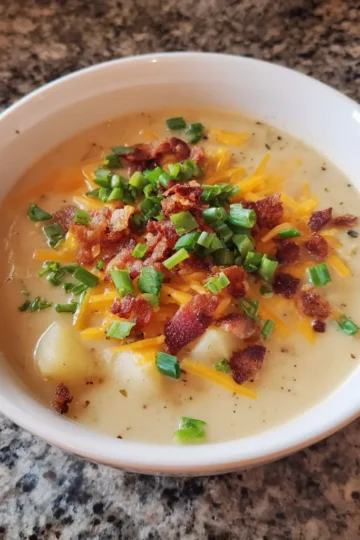 A tempting, close-up overhead view of a hearty bowl of loaded potato soup, topped with crispy bacon, melted cheddar cheese, and fresh green onions, showcasing a delicious crock pot potato soup recipe.