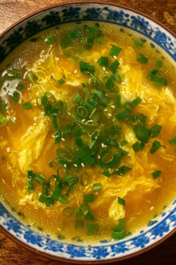 Overhead shot of a vibrant, golden egg drop soup recipe in a blue and white patterned bowl on a wooden table.