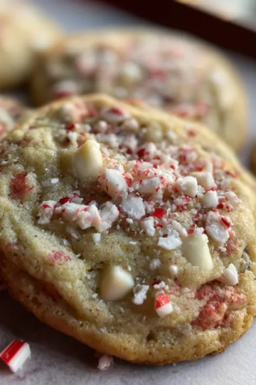 Close-up of freshly baked white chocolate peppermint cookies, perfect for a Christmas peppermint cookie recipe.