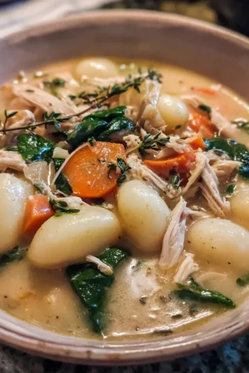 Close-up of a hearty and creamy chicken gnocchi soup recipe, garnished with fresh thyme.