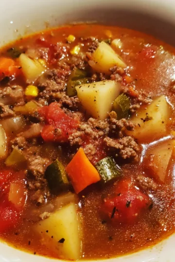 A close-up, top-down view of a hearty white ceramic bowl filled with homemade hamburger soup recipe featuring ground beef, potatoes, carrots, tomatoes, zucchini, and corn.