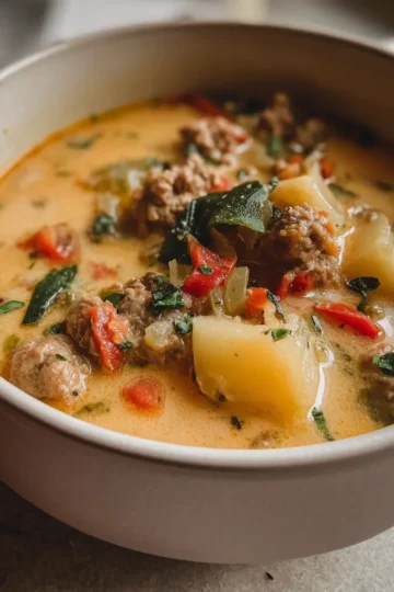 A close-up of a hearty, creamy italian sausage soup recipe, featuring potatoes, spinach, and tomatoes in a warm ceramic bowl.