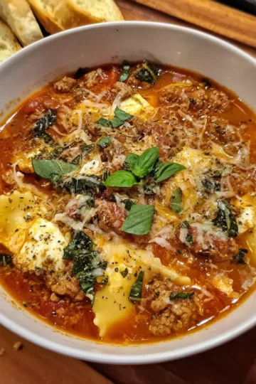 Hearty bowl of rustic lasagna soup recipe with rich tomato sauce, ricotta, ground meat, and fresh basil on a wooden surface.