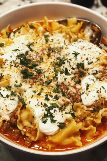 Close-up of a hearty, creamy lasagna soup recipe easy to make, garnished with ricotta, meat, and fresh herbs in a white bowl.