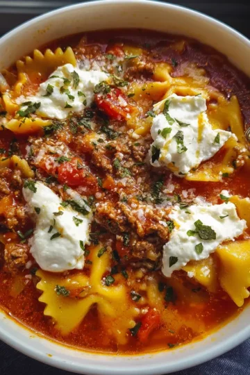 Hearty lasagna soup recipe crock pot with bow-tie pasta, ricotta, and fresh herbs.