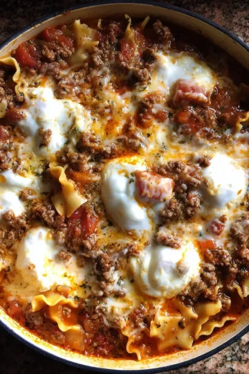 Close-up of a hearty lasagna soup recipe bubbling in a red crock pot with cheese and eggs.