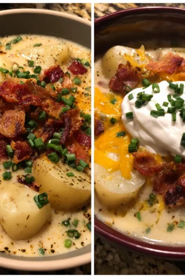Two hearty bowls of a loaded potato soup recipe, garnished with crispy bacon, chives, cheddar cheese, and sour cream.