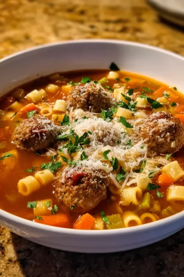 A close-up of a hearty bowl of meatball soup recipe, garnished with cheese and parsley, on a textured countertop.