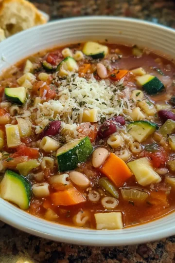 Hearty minestrone soup recipe with vibrant vegetables, pasta, and beans, garnished with cheese, served with rustic bread.