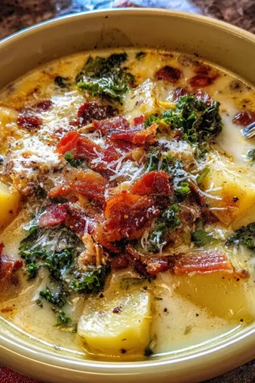 Close-up of a creamy Zuppa Toscana style soup with potatoes, kale, crispy bacon, and Parmesan cheese, perfect for an olive garden soup recipe.