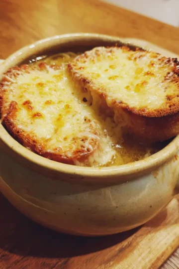 Rustic French onion soup recipe with melted golden cheese and toasted bread on a warm wooden surface.