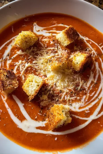 A vibrant bowl of panera tomato soup recipe, garnished with crispy croutons, grated cheese, and a cream drizzle on a rustic background.