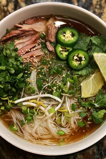 Steaming bowl of Vietnamese pho soup recipe with beef, noodles, herbs, and lime.