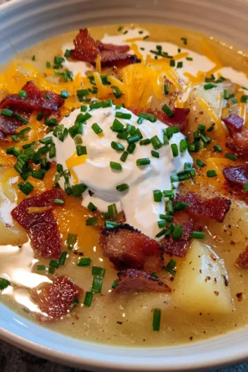 A hearty bowl of loaded potato soup recipe with bacon, chives, sour cream, and cheese.