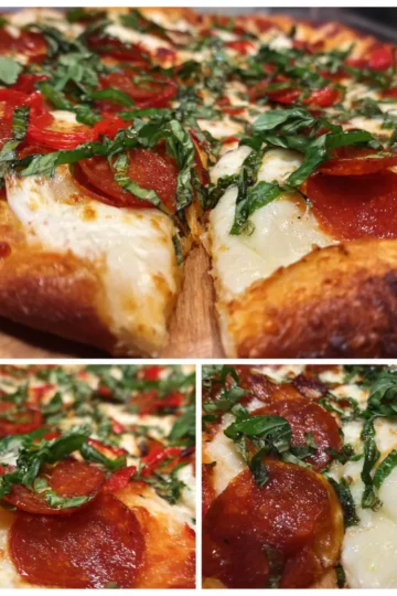 Freshly baked christmas pizza recipe with pepperoni, basil, and melted cheese.