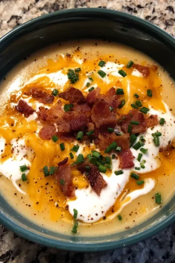 Close-up of a hearty, creamy potato soup recipe easy, garnished with crispy bacon, melted cheddar, sour cream, and fresh chives.