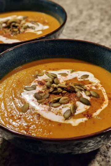 Creamy orange pumpkin soup recipe in rustic teal bowls, garnished with pepitas and a cream swirl on a speckled countertop.